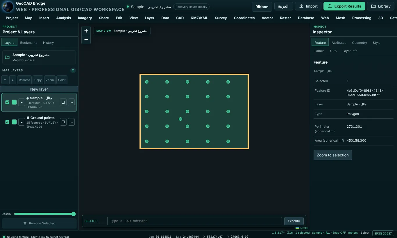 Inspector with a selected polygon: perimeter and area